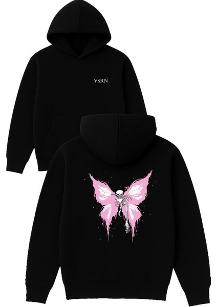 Iskelet Kelebek Tasarım Baskılı Oversize Siyah Kapüşonlu Sweatshirt