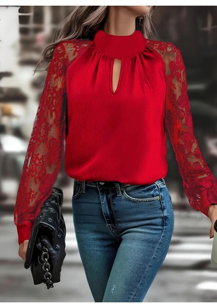 Mdb Kadın Uzun Kollu Göğüs Pencere Detay Yaka Boğazlı Kolları Tüllü Sandy Bluz