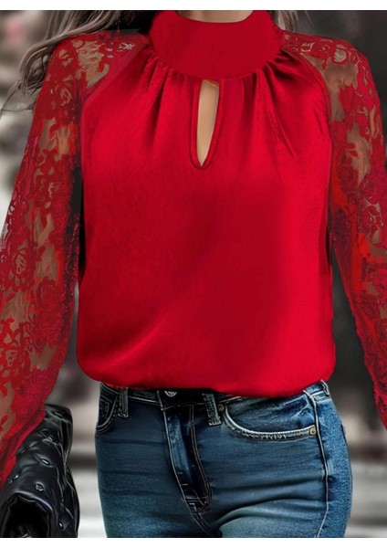 Mdb Kadın Uzun Kollu Göğüs Pencere Detay Yaka Boğazlı Kolları Tüllü Sandy Bluz fiyatları