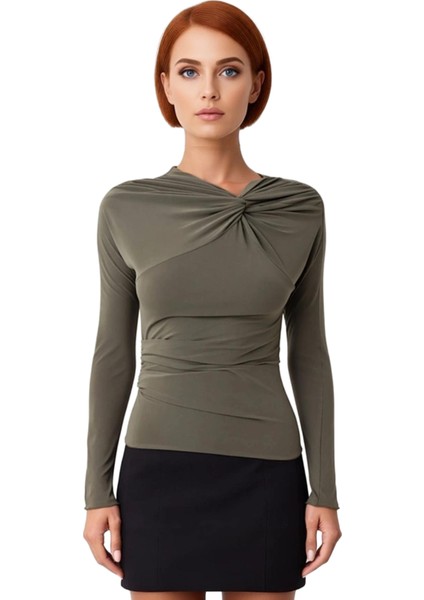 Kadın Düğüm Detaylı Asimetrik Yaka Örme Üst Uzun Kollu ve Fitted Kesim Kaliteli Şık Rahat Modern fiyatları