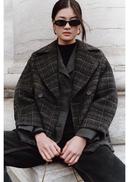 Ekose Desenli Kaşe Yünlü Kaban Antrasit