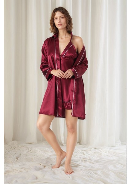 Kadın Bordo Saten Gelin 6'lı Çeyiz Seti Sabahlık & Gecelik & Pijama Şortlu Takım W8U6O3K0KKA