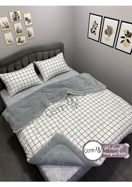 Çetinhome Çift Kişilik Desenli Welsoft Yorgan Seti Kare Beyaz (Çarşafsız) fiyatları