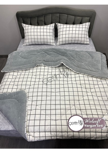 Çetinhome Çift Kişilik Desenli Welsoft Yorgan Seti Kare Beyaz (Çarşafsız) modelleri