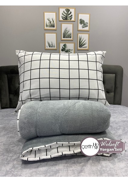 Çetinhome Çift Kişilik Desenli Welsoft Yorgan Seti Kare Beyaz (Çarşafsız)