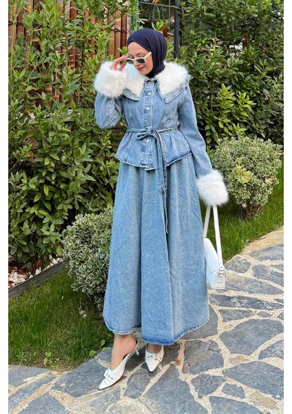 Kürk Detaylı Denim Takım Kot Mavi
