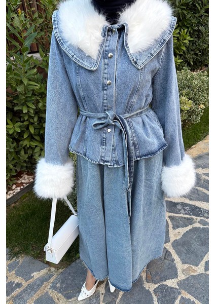 Kürk Detaylı Denim Takım Kot Mavi modelleri