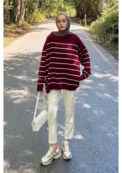 Çizgili Triko Kazak Bordo
