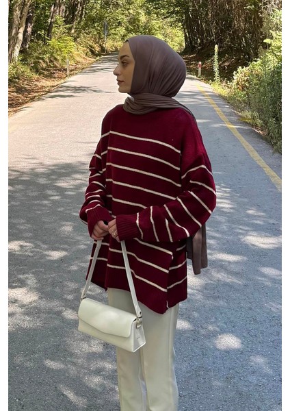 Çizgili Triko Kazak Bordo fiyatları