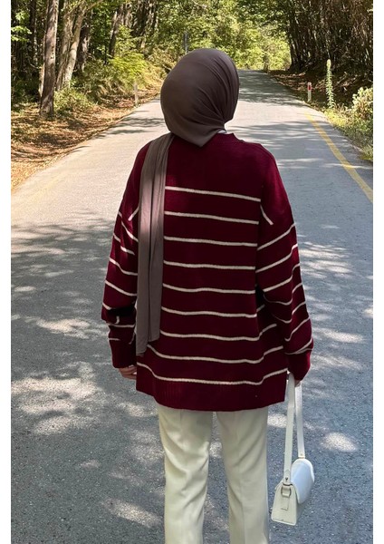 Çizgili Triko Kazak Bordo fırsatları