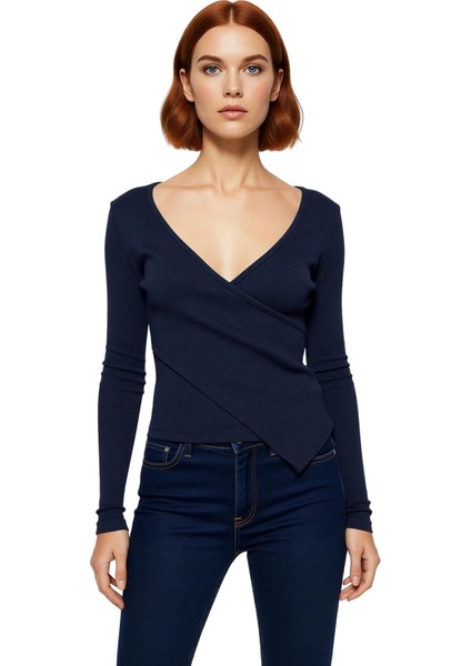 Kadın Düz Kruvaze Yaka Uzun Kollu Vücuda Oturan Bluz Pamuk Polyester Esnek Örme Konforlu Stil