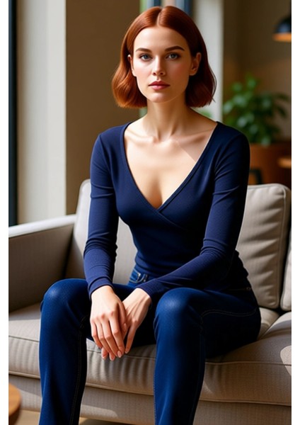 Kadın Düz Kruvaze Yaka Uzun Kollu Vücuda Oturan Bluz Pamuk Polyester Esnek Örme Konforlu Stil fırsatları