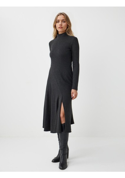 Antrasit Melanj Balıkçı Yaka Yumuşak Dokulu Örme Midi Elbise