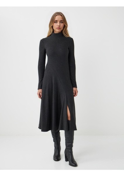 Antrasit Melanj Balıkçı Yaka Yumuşak Dokulu Örme Midi Elbise modelleri