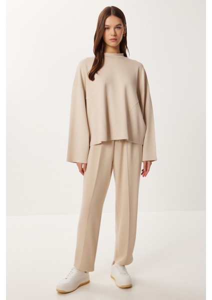 Yarasa Kollu Nervürlü Modal Üst-Alt Takım LDM0009 Krem