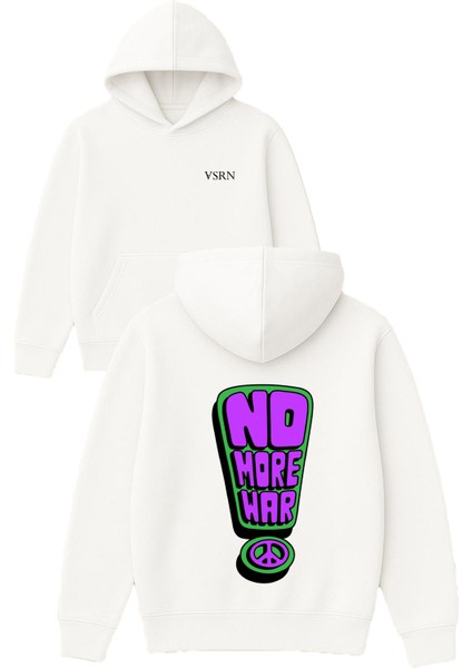No More War Tasarım Baskılı Oversize Beyaz Kapüşonlu Sweatshirt