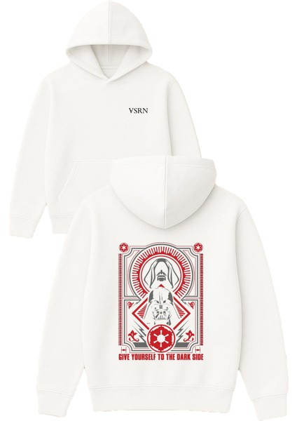 Gıve Yourself To The Dark Side Tasarım Baskılı Oversize Beyaz Kapüşonlu Sweatshirt