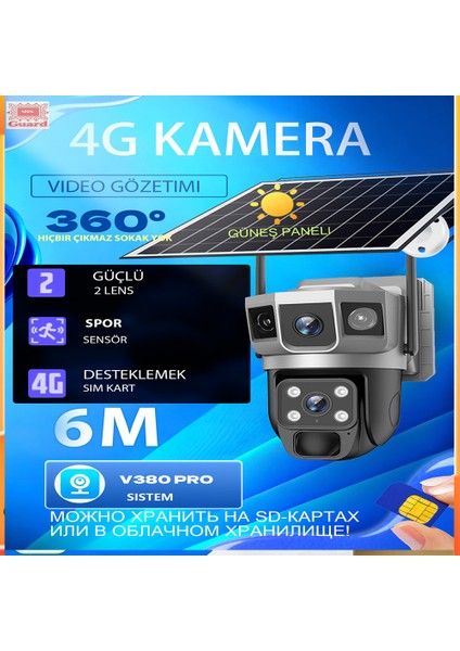 4G LTE Güneş Enerjili Güvenlik Kamerası - SIM Kartlı, Tamamen Kablosuz, 3 Lens ile Kör Nokta Yok, 2 Yönlü Ses, Gece Görüşü, IP66, Bulut & SD Kart Destekli modelleri