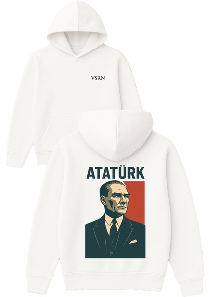 Atatürk Poster Tasarım Baskılı Oversize Beyaz Kapüşonlu Sweatshirt