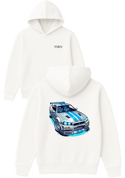 Fast Car Tasarım Baskılı Oversize Beyaz Kapüşonlu Sweatshirt