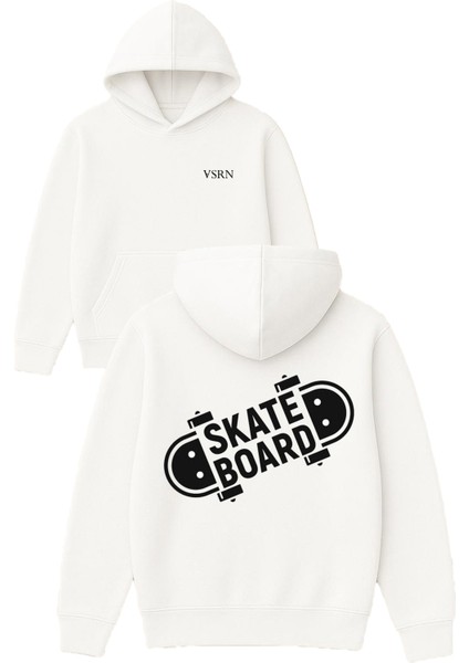 Kaykay Skate Board Tasarım Baskılı Oversize Beyaz Kapüşonlu Sweatshirt