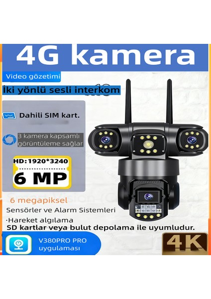 6MP 4G Akıllı Güvenlik Kamerası – SIM kart desteği, H.265 sıkıştırma, iki yönlü ses, sesli uyarılar, TF kart depolama ve bulut depolama ile uyumlu