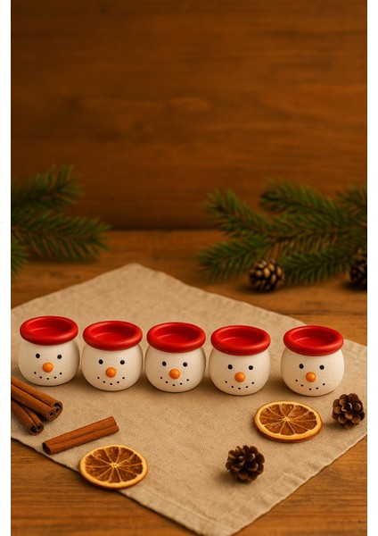 6’lı Kardan Adam Figürlü Mini Tealight Mumluk Seti – El Boyaması Seramik Yeni Yıl Dekoru 5x5 cm