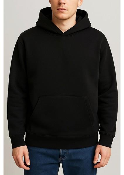 Siyah Baskısız Düz Içi Şardonlu Siyah Kapşonlu Sweatshirt
