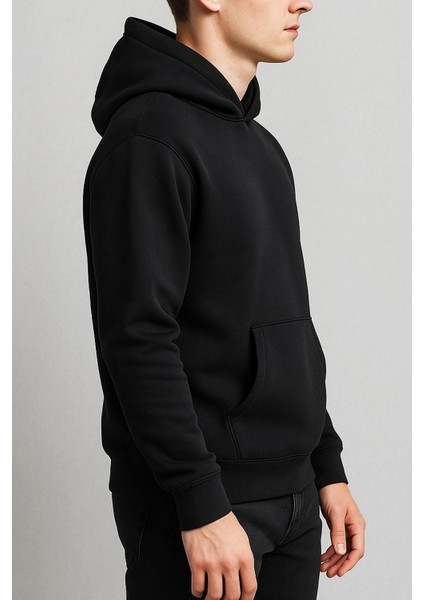 Siyah Baskısız Düz Içi Şardonlu Siyah Kapşonlu Sweatshirt modelleri