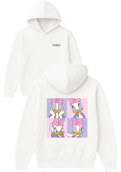 Tatlı Ördek Tasarım Baskılı Oversize Beyaz Kapüşonlu Sweatshirt