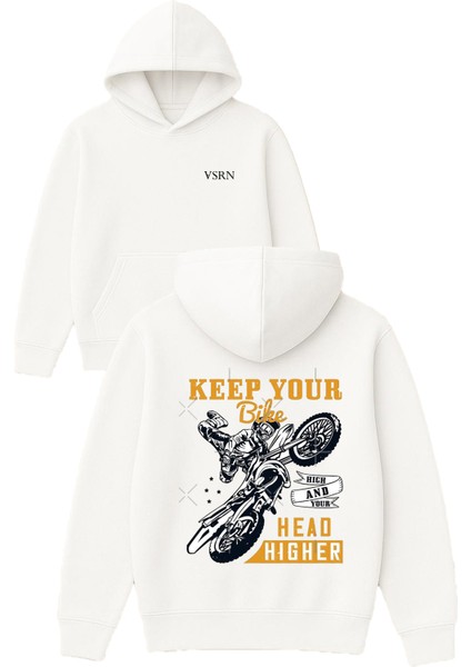 Keep Your Bike Tasarım Baskılı Oversize Beyaz Kapüşonlu Sweatshirt
