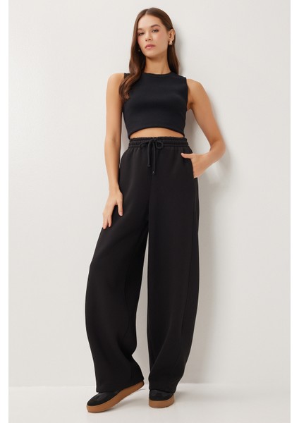 Nervürlü Şardonlu Örme Eşofman Altı LUB0289 Siyah