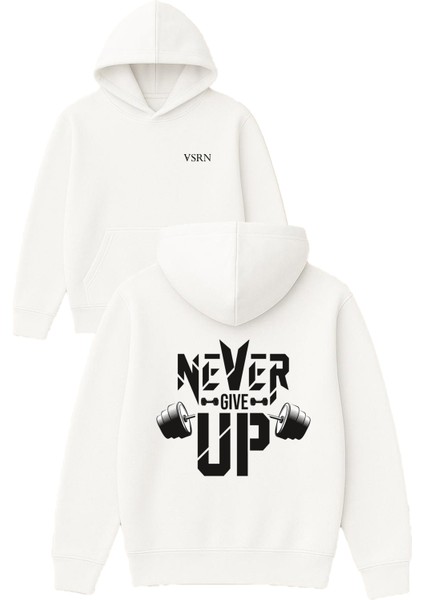 Never Gıve Up 1 Tasarım Baskılı Oversize Beyaz Kapüşonlu Sweatshirt