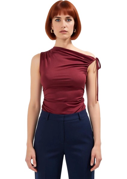 Yazlık Kolsuz Bluz Fitted %100 Polyester Asimetrik Yaka Günlük Stil Modern