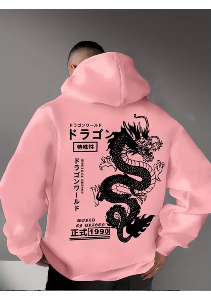 Büyük Beden Özel Tasarım Kapüşonlu Japon Ejderha Sırt Baskılı Oversize Erkek Sweatshırt