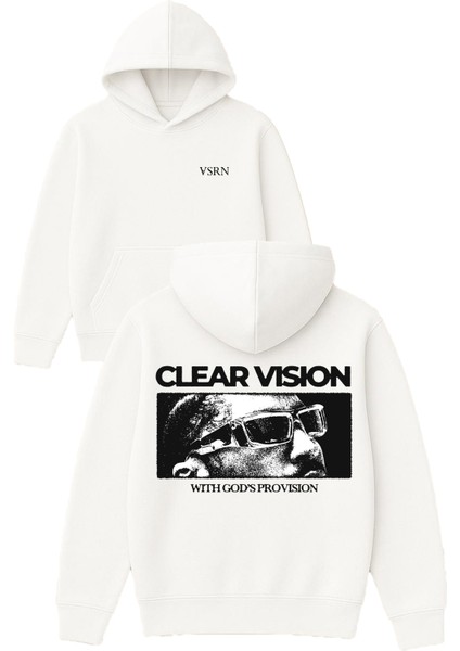 Clear Vısıon Tasarım Baskılı Oversize Beyaz Kapüşonlu Sweatshirt