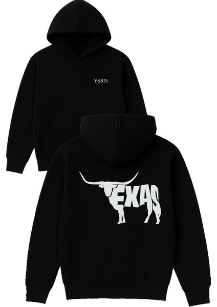 Texas Boğa Tasarım Baskılı Oversize Siyah Kapüşonlu Sweatshirt