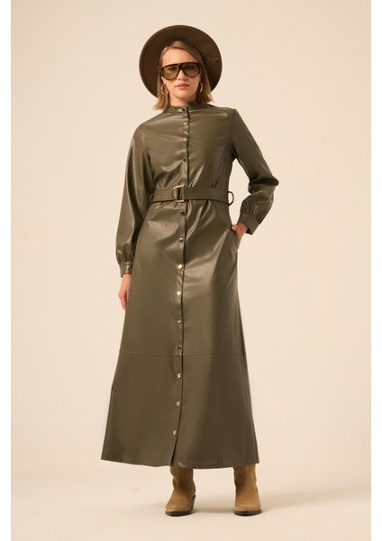 Bayan Deri Elbise Haki 31225