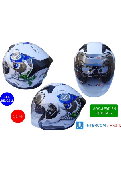 Çenesiz Vizörlü Kask Beyaz Desenli M Beden