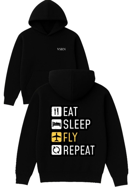 Fly Eat Sleep Tasarım Baskılı Oversize Siyah Kapüşonlu Sweatshirt