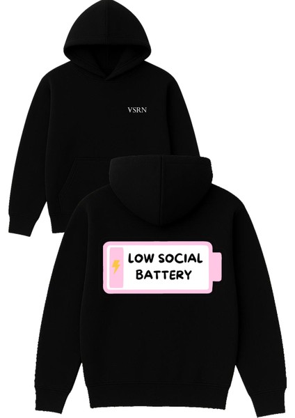 Low Socıal Battery Tasarım Baskılı Oversize Siyah Kapüşonlu Sweatshirt