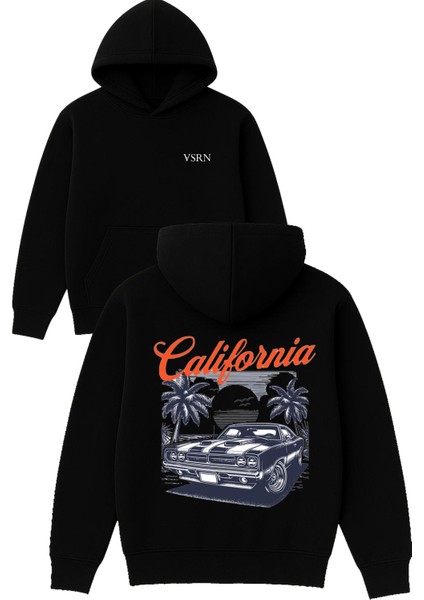 California Palmiye Tasarım Baskılı Oversize Siyah Kapüşonlu Sweatshirt