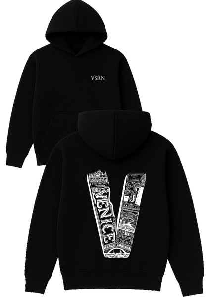 Venice 1 Tasarım Baskılı Oversize Siyah Kapüşonlu Sweatshirt