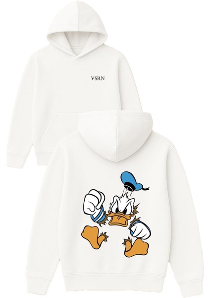 Sinirli Duck Tasarım Baskılı Oversize Beyaz Kapüşonlu Sweatshirt