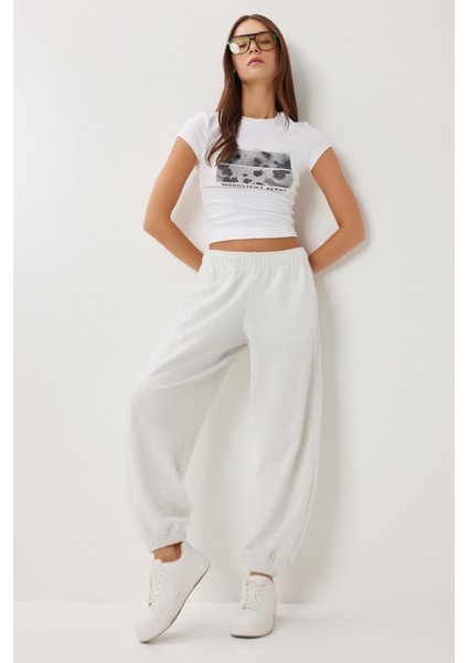 Kontrast Şeritli Jogger Örme Eşofman Altı LUB0301 Gri Melanj