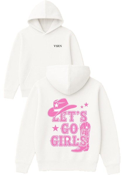 Pembe Lets Go Girls Tasarım Baskılı Oversize Beyaz Kapüşonlu Sweatshirt