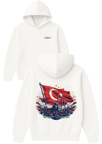 Osmanlı Türk Bayrağı Tasarım Baskılı Oversize Beyaz Kapüşonlu Sweatshirt