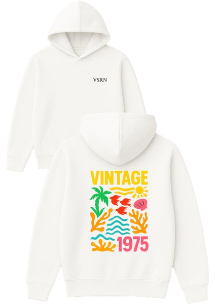 Vintage 1975 Tasarım Baskılı Oversize Beyaz Kapüşonlu Sweatshirt
