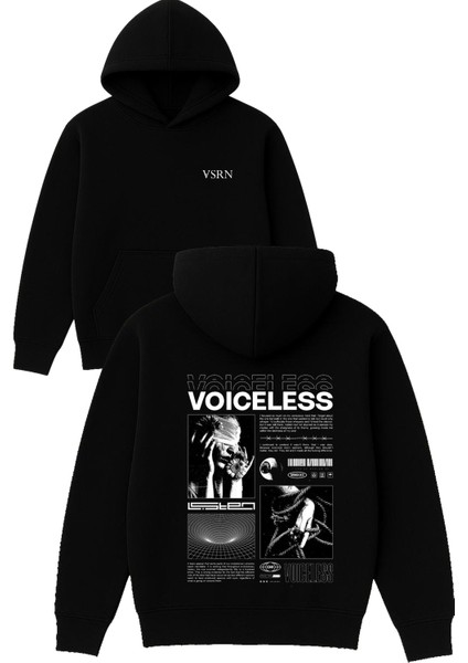 Voıceless Tasarım Baskılı Oversize Siyah Kapüşonlu Sweatshirt