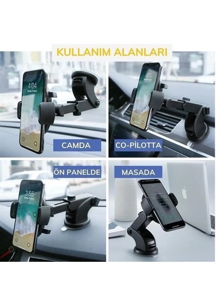 360 Derece Dönen Torpido Üstü Uzunluk Ayarlamalı Vantuzlu Teleskopik Araç Telefon Tutucu